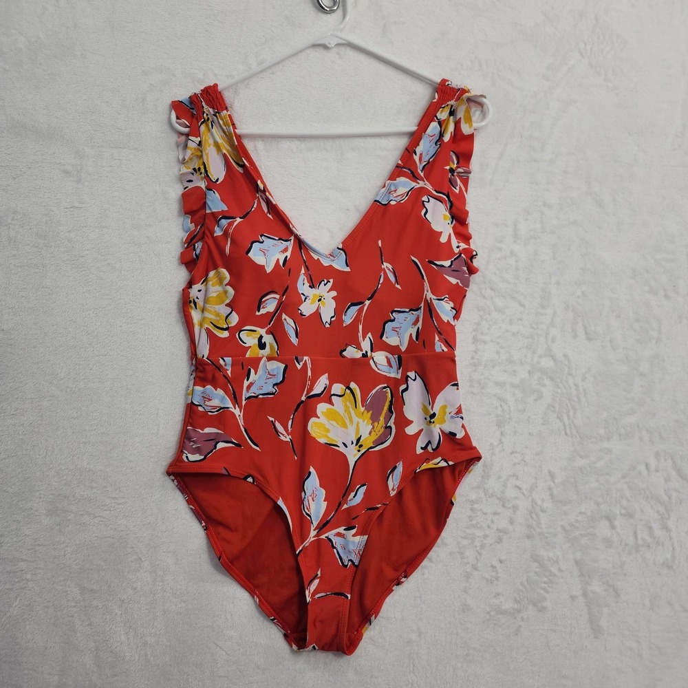 Catalina One Piece Swimsuit Womens M Red Floral Ruffle Strap V-Neck Lined Beach